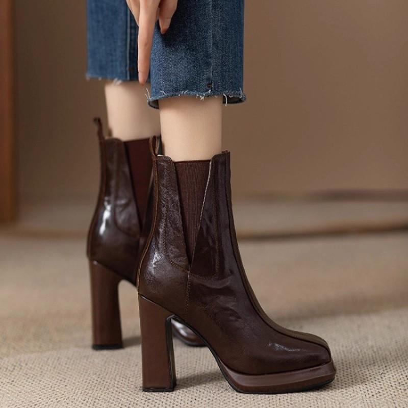 Waterproof Taiwan High Heel Fashion Boots Women's 2025 Autumn New Coarse Heel Elastic Chelsea Boots Short Boots Brown Women's Boots