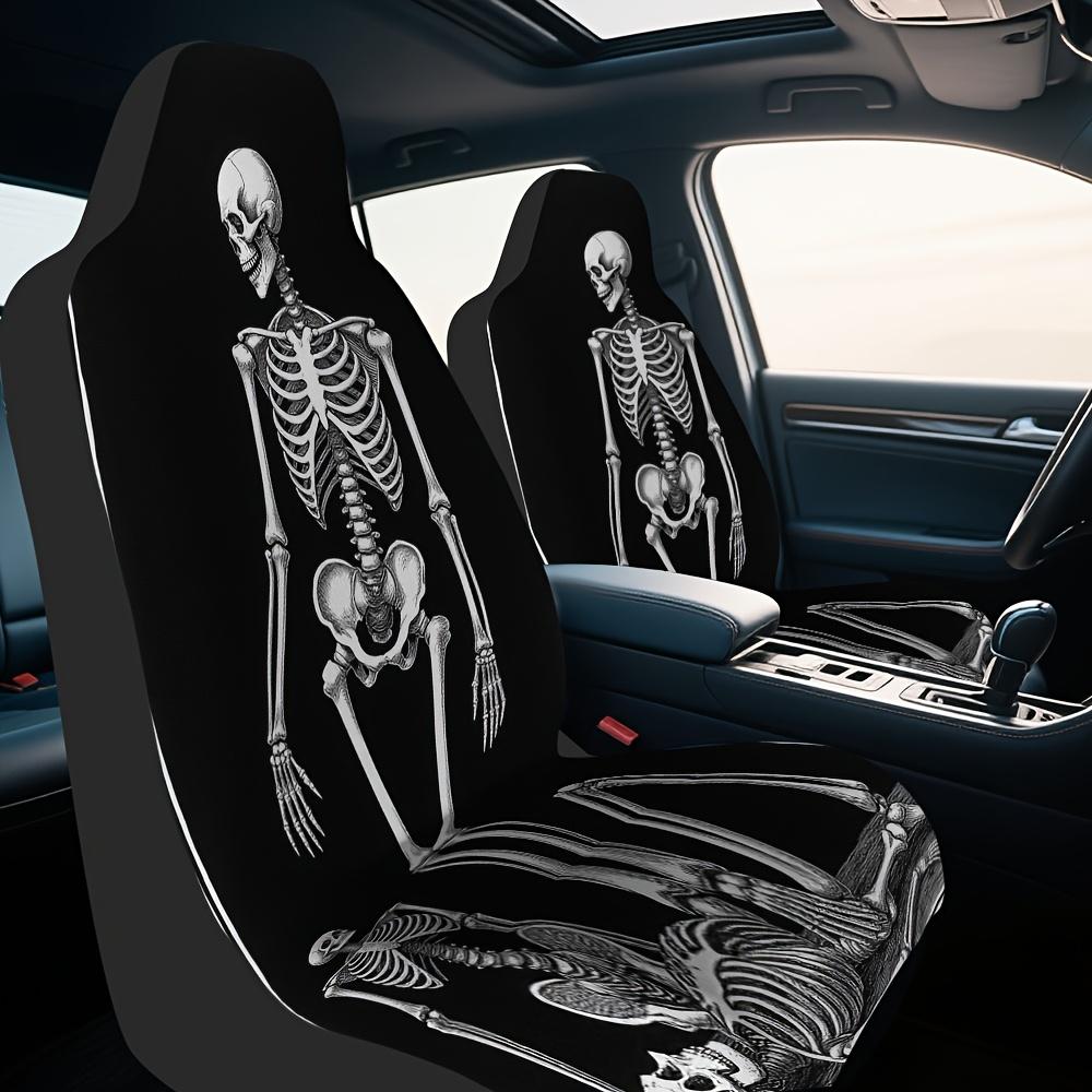 2pcs Gothic Skull Print Car Seat Covers Compatible For Most, Front Seat Protectors With Gothic Bone & Crossbone Design, Washable