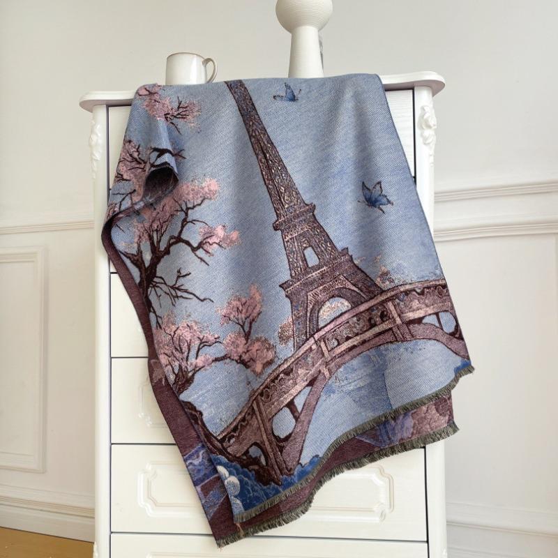 

Imitation cashmere scarf women s new thickened scarf printed iron tower office air conditioner blanket cold and warm shawl 180x65cm светло-синий