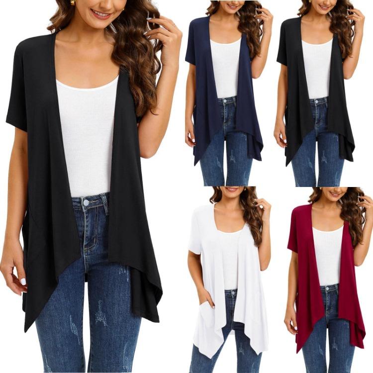 2023 Fashion Women Short Sleeve Cardigan Solid Color European American Style