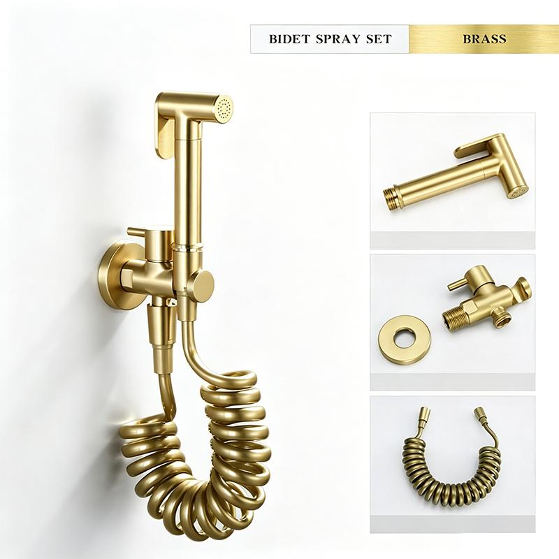 Brushed Gold Solid Brass Bidet Sprayer Set Handheld Shattaf Muslim Toilet Shower Wall Mounted Eco-Friendly Hygiene Faucet Spring