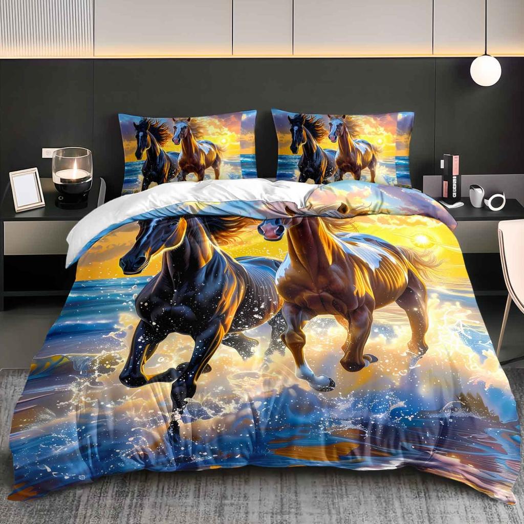 3pcs Sunset Horses Running in Ocean Bedding Duvet Cover Set Horses Bedding Quilt Set Ocean Themed Bed Quilt Set Romantic Horses
