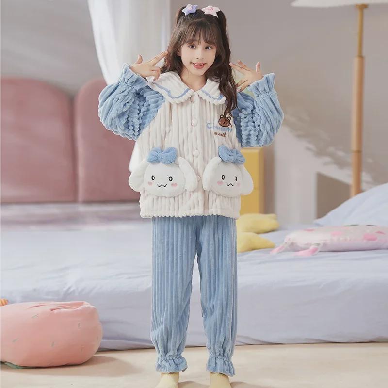 Kids' Flannel Cartoon Pajamas - Warm Coral Fleece for Girls, Autumn/Winter Collection