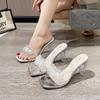 Summer New Women's Slippers Luxury Rhinestone Transparent Quare Toe Sandals Elegant Banquet Party Dress Ladies High Heels