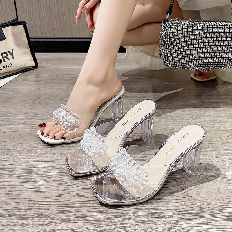 Summer New Women's Slippers Luxury Rhinestone Transparent Quare Toe Sandals Elegant Banquet Party Dress Ladies High Heels