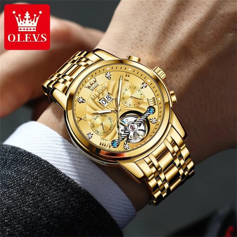 OLEVS Luxury Gold Tourbillon Mechanical Watch for Men Stainless Steel Waterproof Luminous Date Business Mens Watches