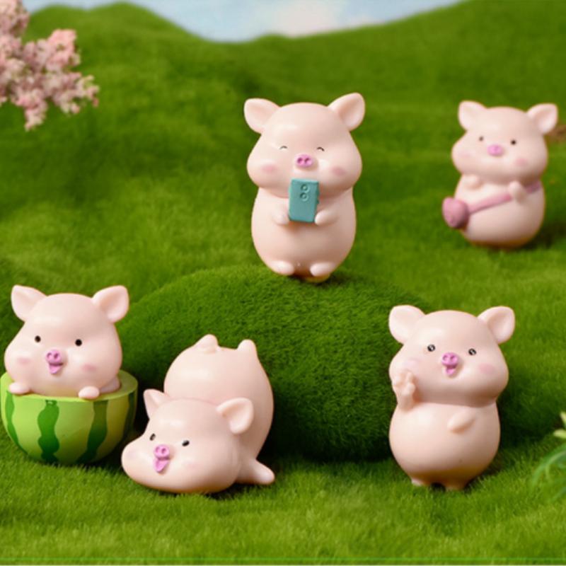 7pcs Small Animal Ornaments PVC Handicrafts Cute Pig Micro-landscape Bonsai Succulent Satchel Watermelon Decorative Ornaments