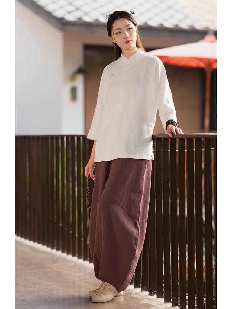 25 Autumn Retro Stand Collar Women's Cotton Linen Shirt with Frog Buttons - Zen Tea Ceremony Style