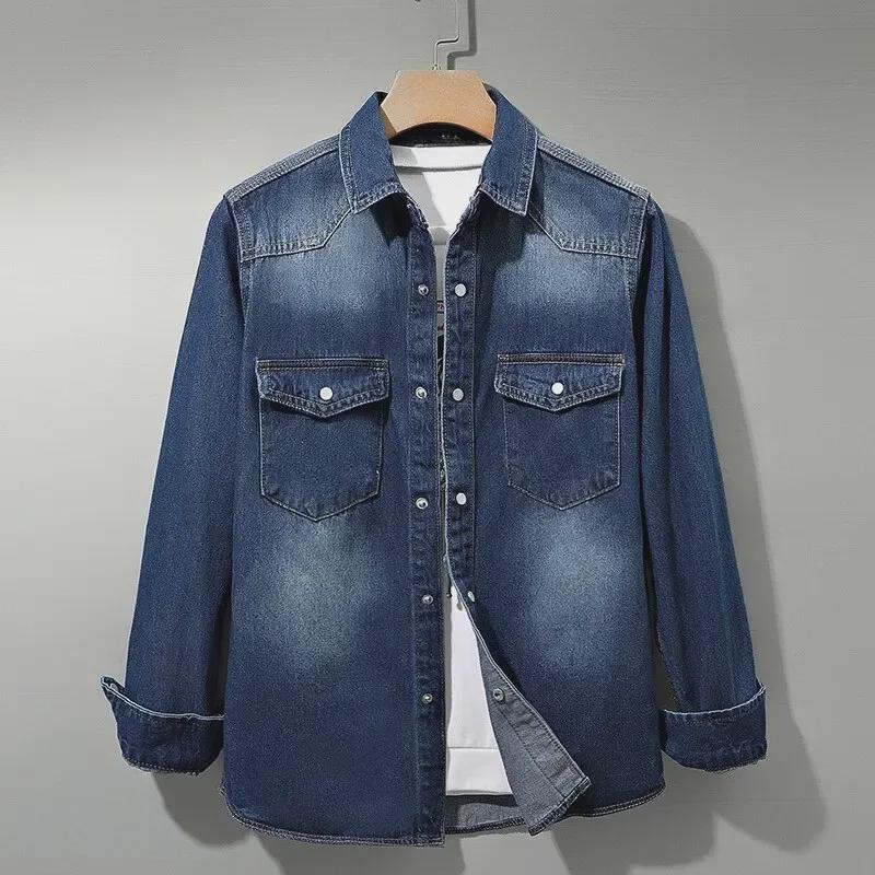 Men's Japanese Style Long Sleeve Denim Shirt Jacket - Perfect for Spring and Autumn. Loose Fitting, Versatile and Trendy Casual Wear.