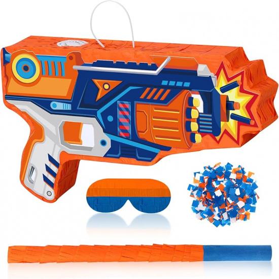 Toy Gun Piñata Large Dart Theme Party Supplies Gun Shape Piñata with Stick Blindfold Confetti Pack Dart Piñata for Boys Girls Birthday Party Game Gun Style