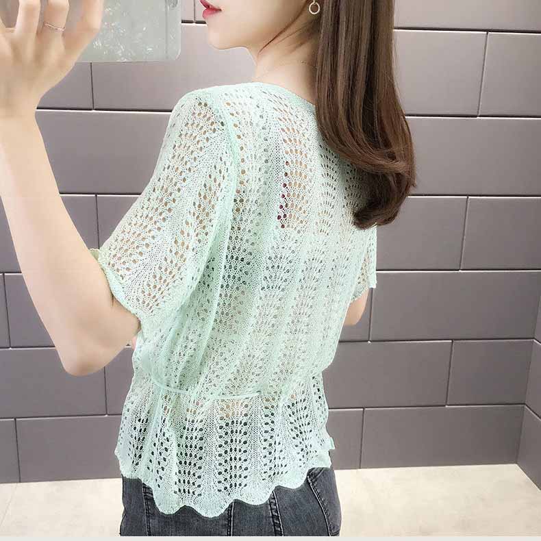 Korean Loose Drawstring Hollow Knit Pullover Blouse Short Sleeve Versatile Thin Sweater Women