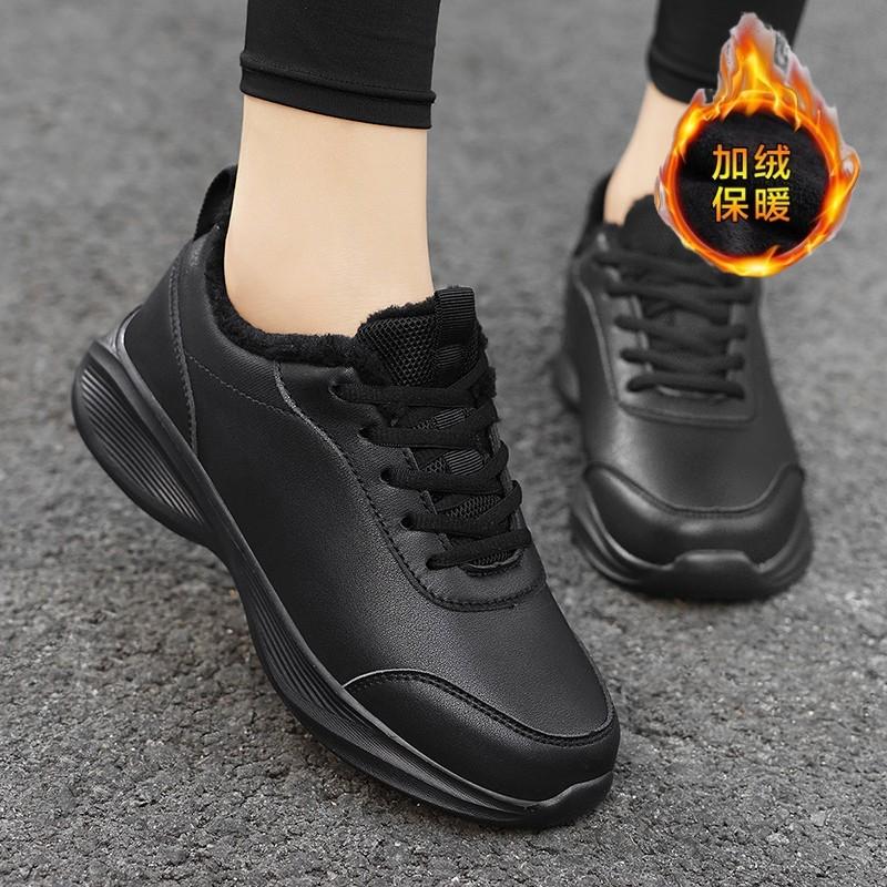 Autumn and winter velvet warm shoes leather surface waterproof and non-slip shoes black long standing feet casual shoes