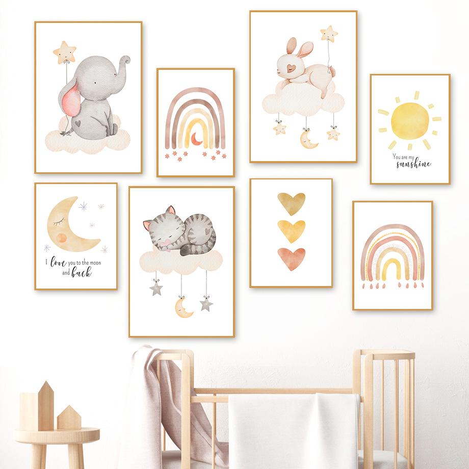 Elefant Kaninchen Katze Sonne Regenbogen Mond Stern Wolke Boho Wandkunst Leinwand Malerei Poster und Drucke Wandbilder Kinderzimmer Dekor