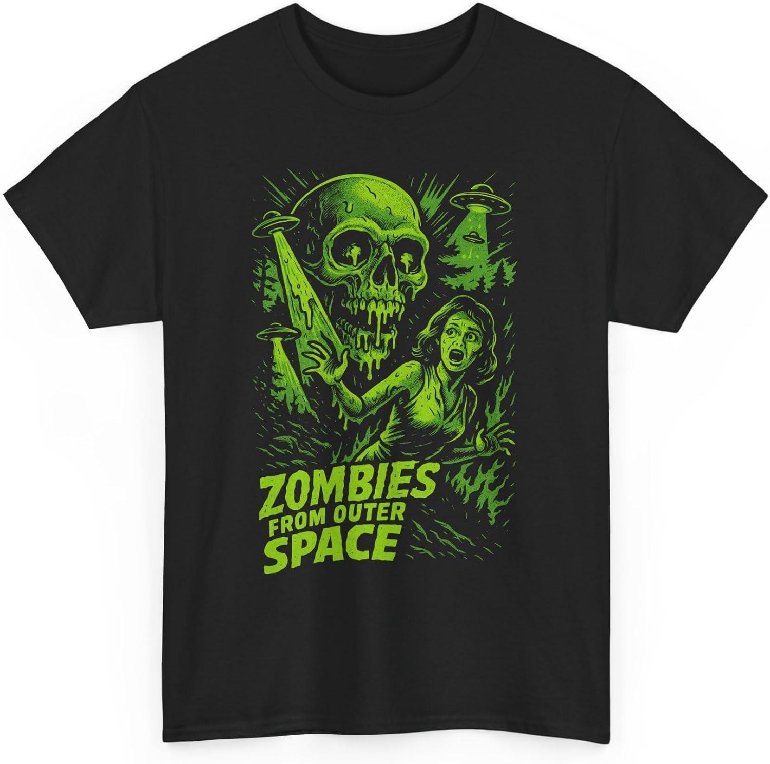 Zombies from Outer Space T-Shirt Retro Alien Horror Graphic Tee for Sci-Fi Fans and Halloween Lovers S