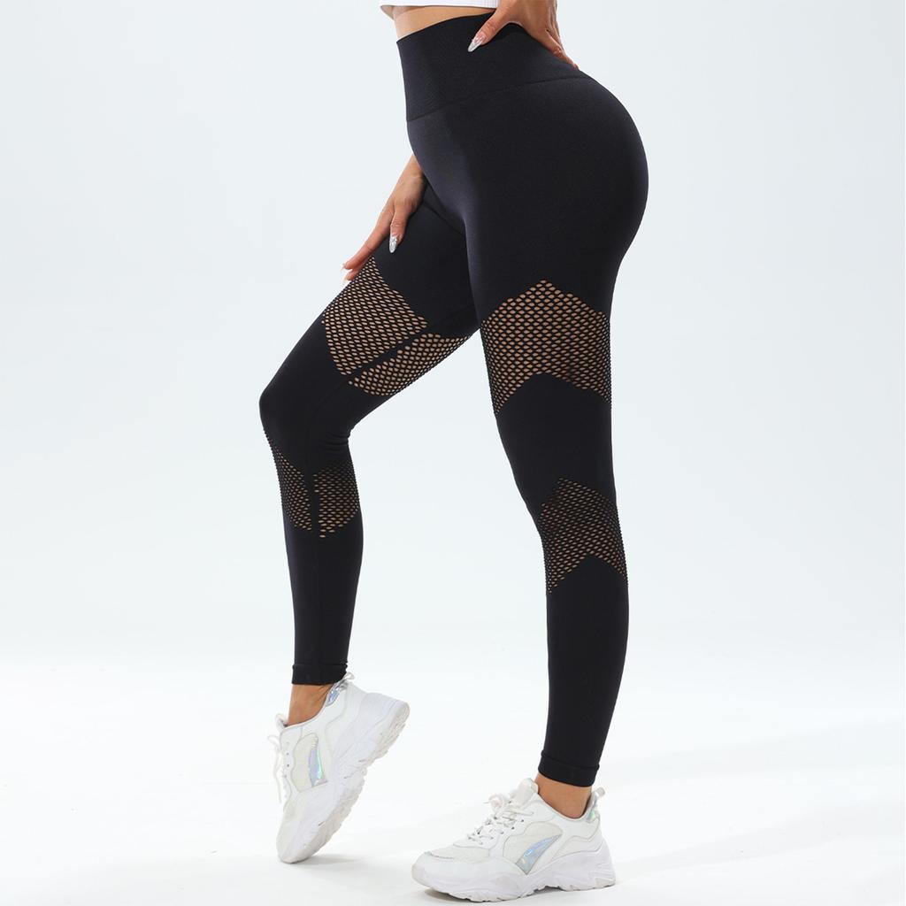 Women's Solid Color Yoga Pants Hollow Breathable Stretch High Waist Hip Lifting Sports Fitness Pants