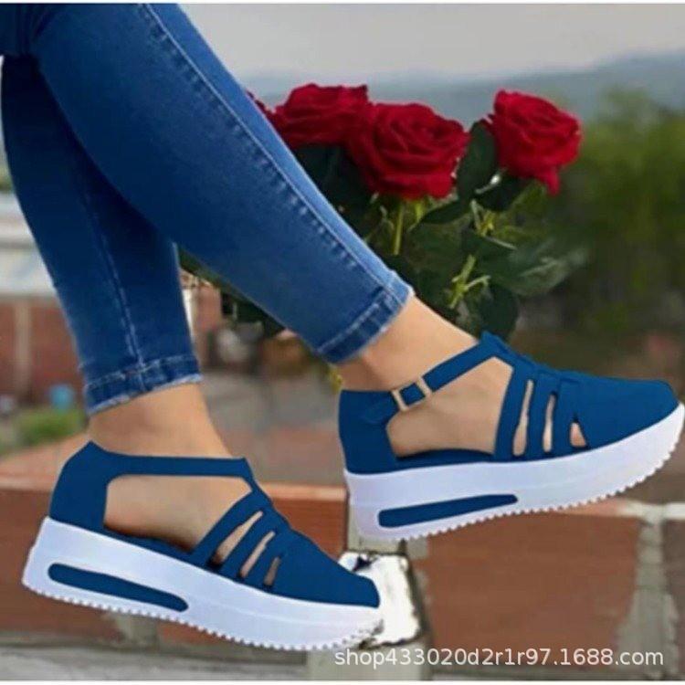 New European and American casual slope heel round head hollow single shoes