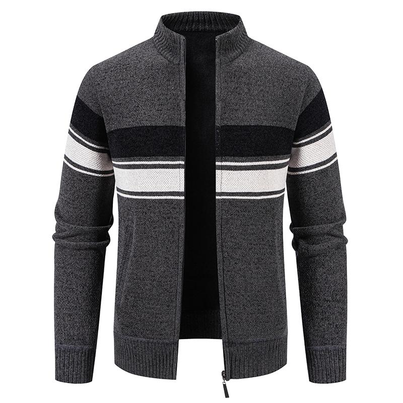 Men's Striped Knitted Cardigan Zip Up Stand Collar Sweater Jacket Casual Fashion Color Block Knit Coat Winter Warm Outerwear for Daily Business Office