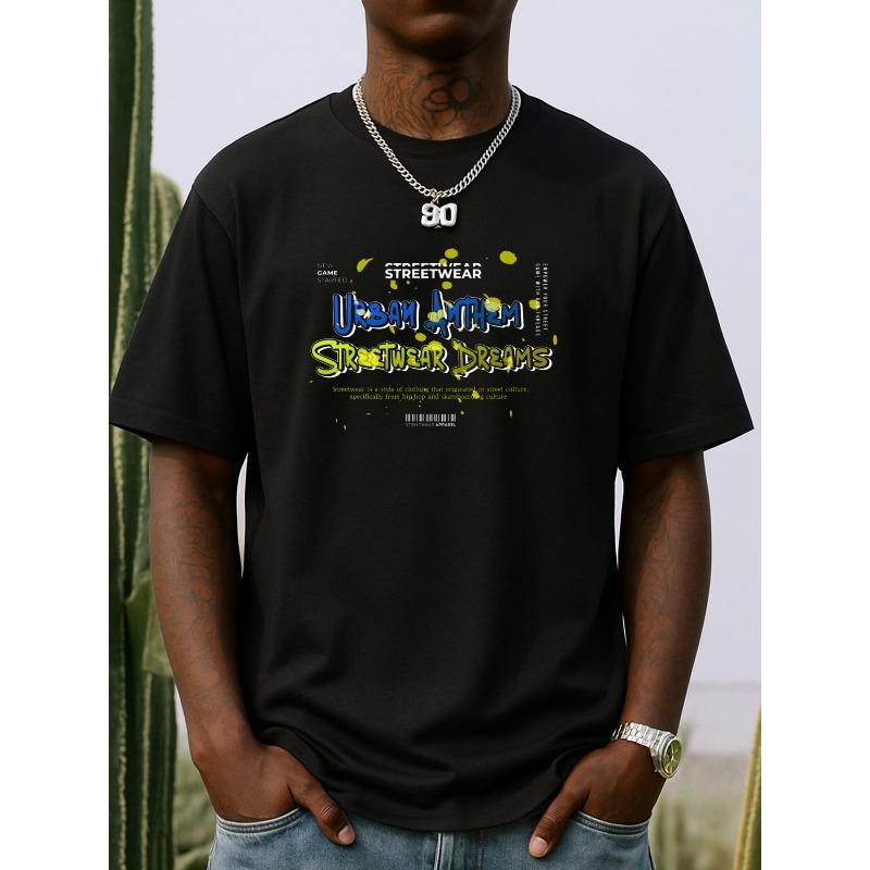 

Men s Inspired Streetwear T-Shirt - Plus Size, Black with Neon Green & Blue Graffiti Print, Hip-Hop Casual Short Sleeve Round Neck Tee for Summer S чёрный