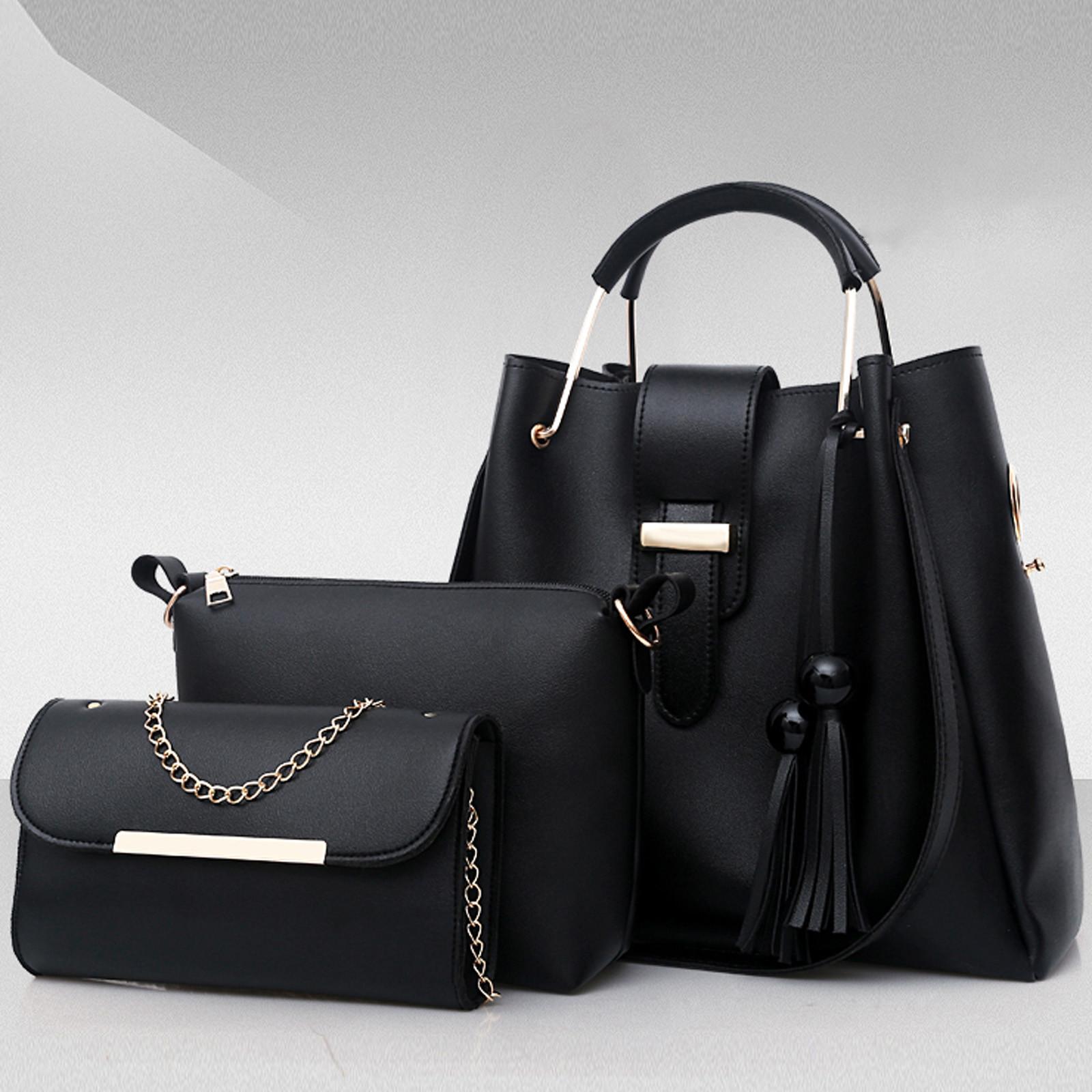 

Жіночі одноколірні модні повсякденні сумки з китицями з трьох предметів на одне плече чорний