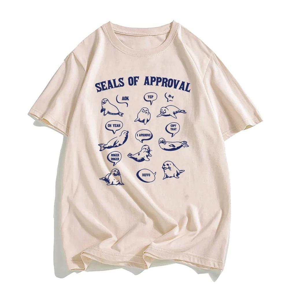 Seals of Approval Sea Lion Cartoon Printing Tshirt Summer Short Sleeve Tshirts for Men and Women Loose Kawaii Graphic Tops