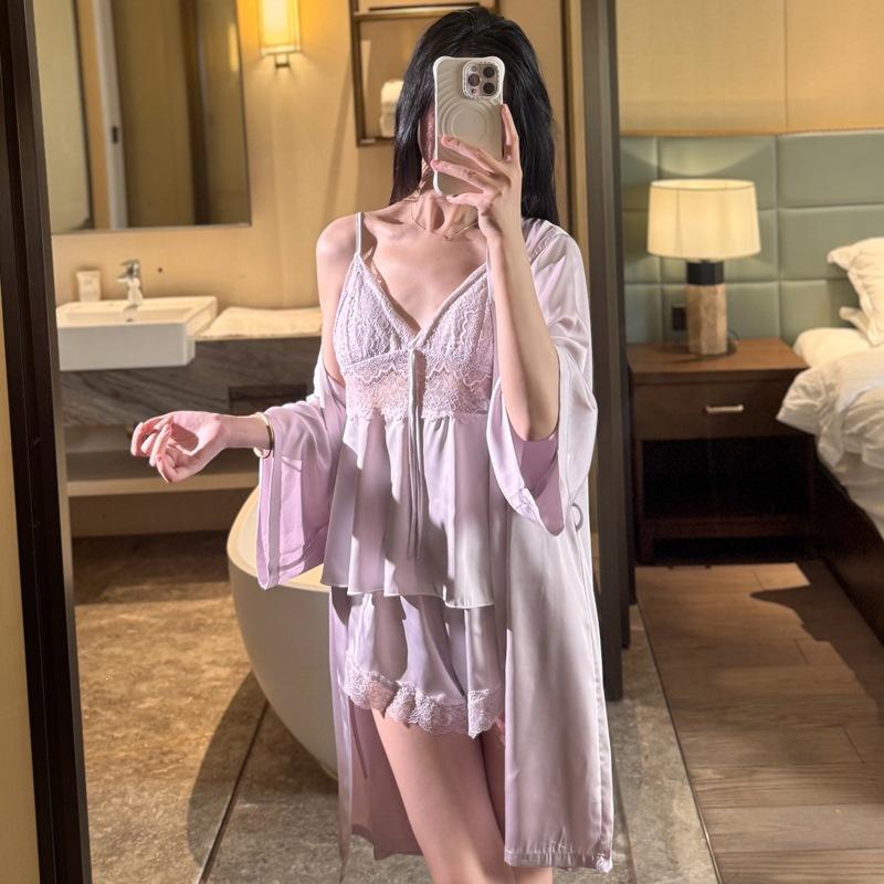 Sexy Pajamas Women's Ice Ribbon Chest Pad Thin Suspender Shorts Pajamas Three-piece Silk Pure Desire Loungewear