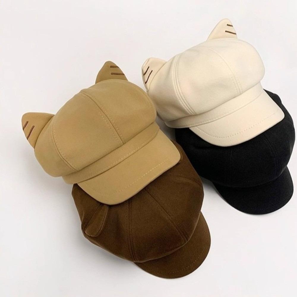 Solid Color Cat Ear Hat Woolen Octagonal Cap Casual British Beret Hat Artist