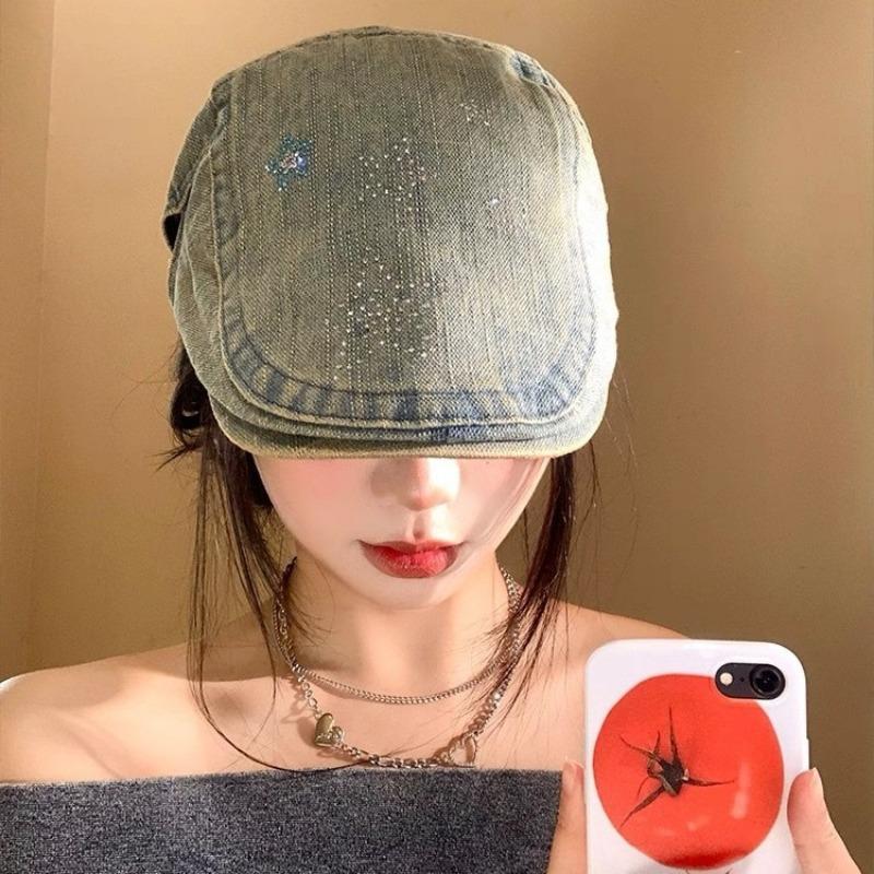 25 Early autumn new pentagram rhinestone denim forward hat big head circumference showing face small beret