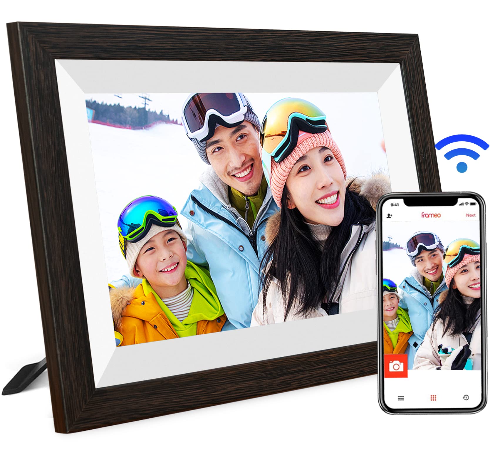 

Digital Photo Frame WIFI inch IPS touch screen Motion date display 32GB memory Up to 64GB MicroSD card expandable Free app Easy to operate Wall