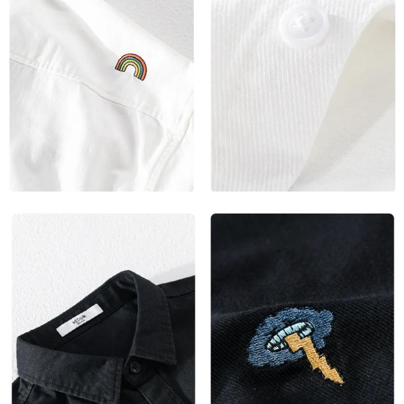 Chic Embroidered White Shirts for Men Spring and Summer Streetwear Youth New Casual Tops Pure Cotton Long Sleeve Shirt Korean Style Men Clothing