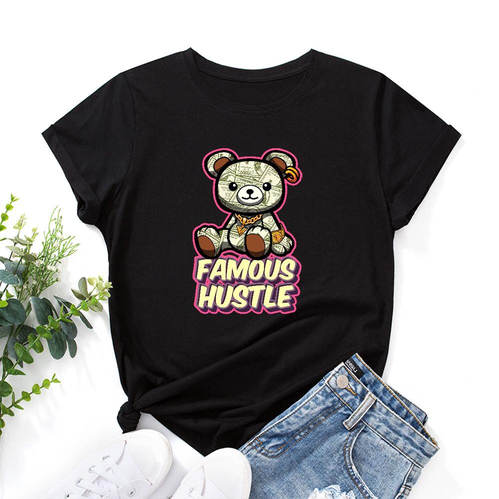 Famous Hustle Cotton T-Shirt Short Sleeve Round Neck Women 2d Print Tops