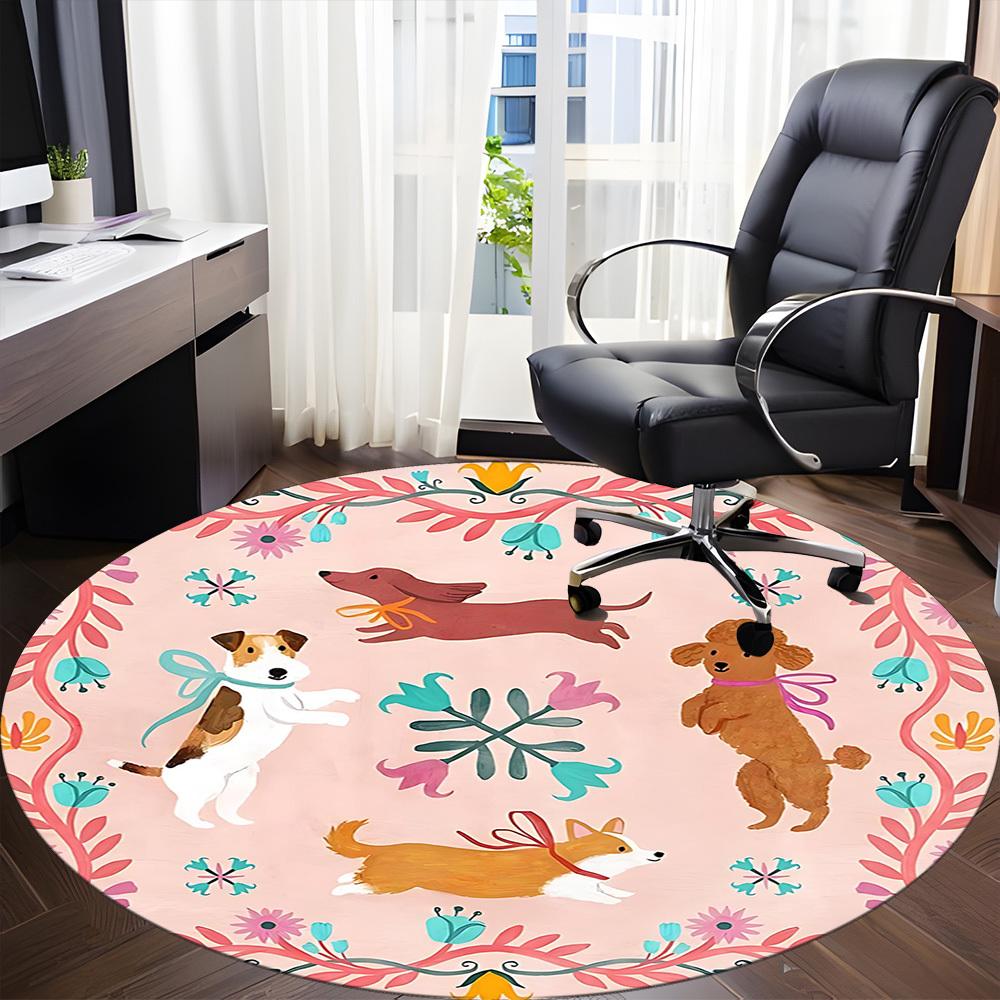 1PC Dogs Floral Office Round Area Rug, Indoor Mat Suitable For Office, Under Office Chairs Bedroom Living Room Home Decor, Room DecoT1223070