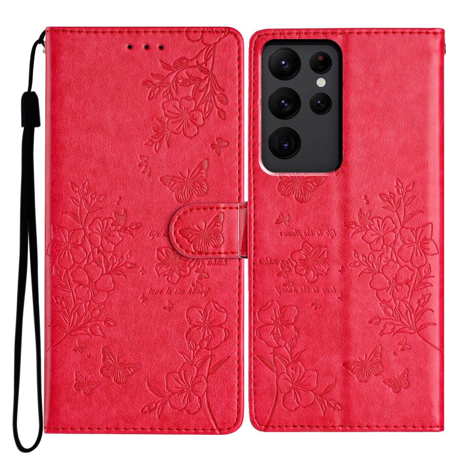 

For Samsung Galaxy S23 Ultra Wallet Phone Case Butterfly Floral Imprint Leather Cover Red