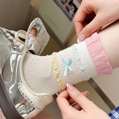 Women's Thin Spring and Summer Bow Lace Fabric Label Cute Summer Pile Socks Pure Cotton Mesh Breathable Black Fungus Edge