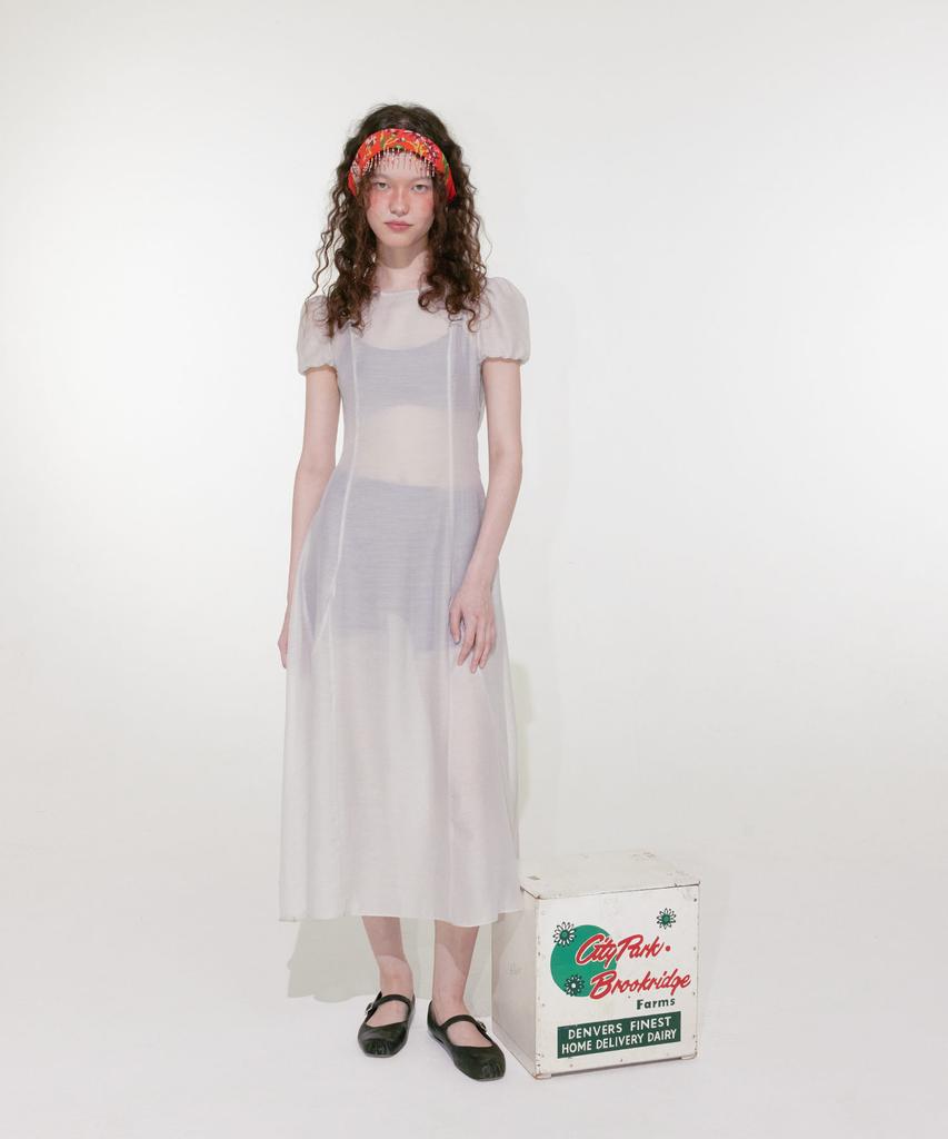 Lulu Seoul Sheer Puff Long Dress (Light Gray)