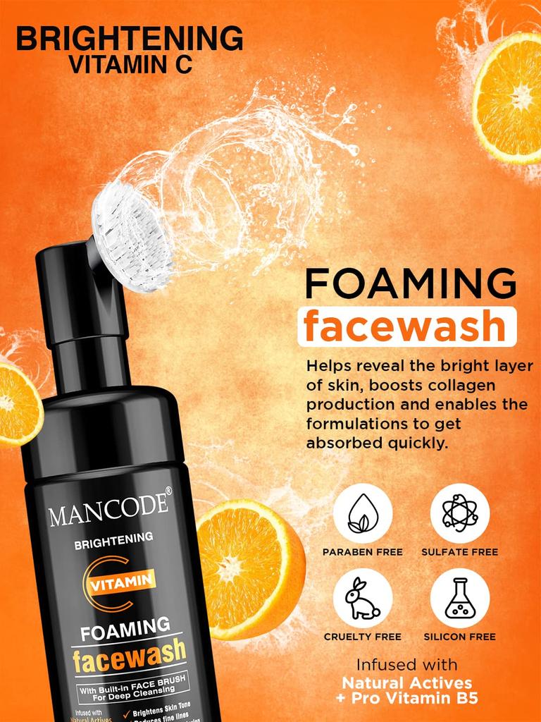 MAN CODE Vitamin C Foaming Face Wash | With Built In Brush Face Wash For Men | Brightens Skin Tone | Reduces Fine Lines | Smoothens Complexion | No