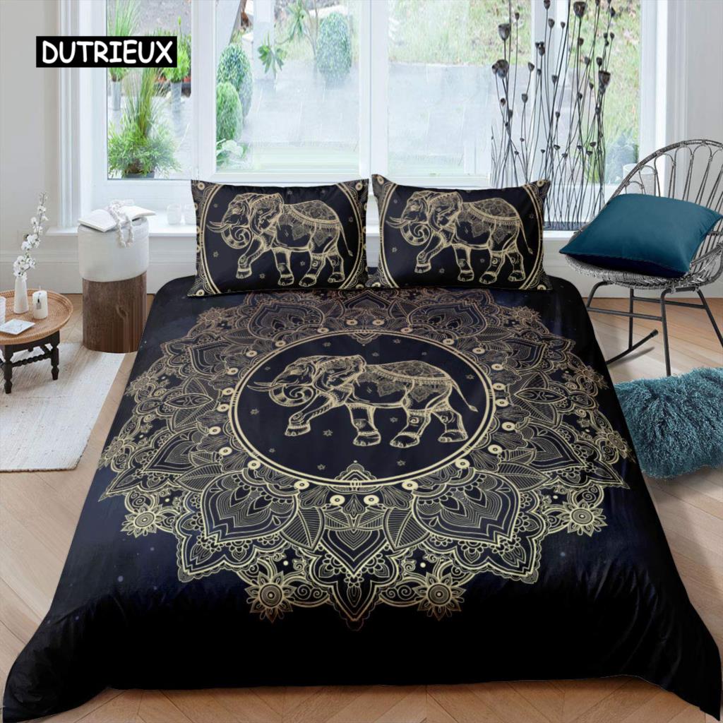 Bohemian Elephant Duvet Cover Set Mandala Bedding Set Twin for Boys Kids Exotic Animal Polyester Comforter Cover with Pillowcase