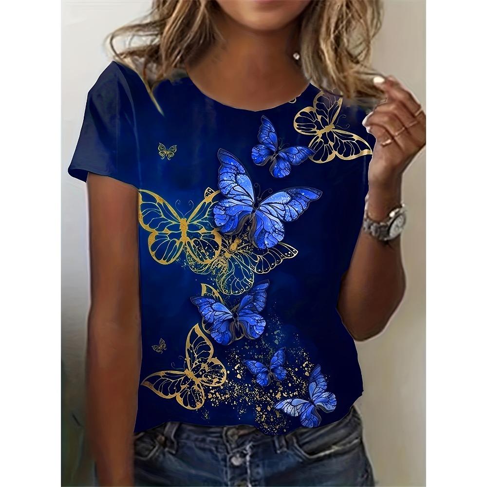 T-shirt Women's Summer Casual Round Neck Short Sleeve Butterfly Pattern Top Loose Casual Wear Ladies T-shirt