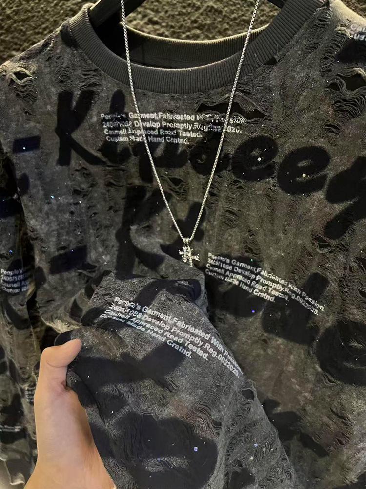 

2025 Men s Trendy Ripped Sequin Letter Print Fleece Hoodie - Luxury Autumn/Winter Version. Gray