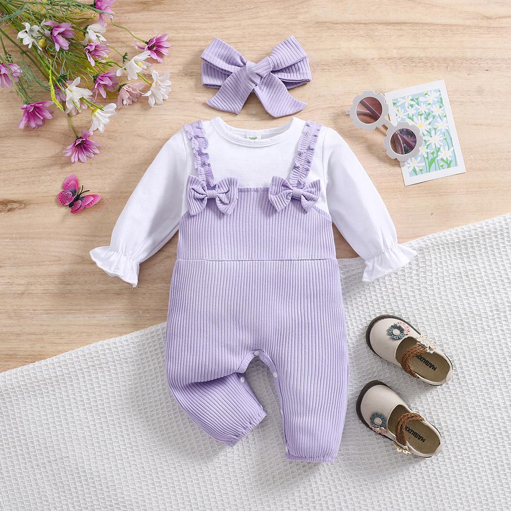 

Модный комбинезон из двух частей с бантом и искусственным узором для девочки, однотонный, с длинными рукавами, с повязкой на голову 3-6M