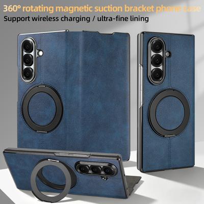 Faux Leather Flip Full Cover Phone Case for Galaxy Z Fold 7 Fold 6 Case with Rotatable Ring Kickstand Holder, Wireless Charging