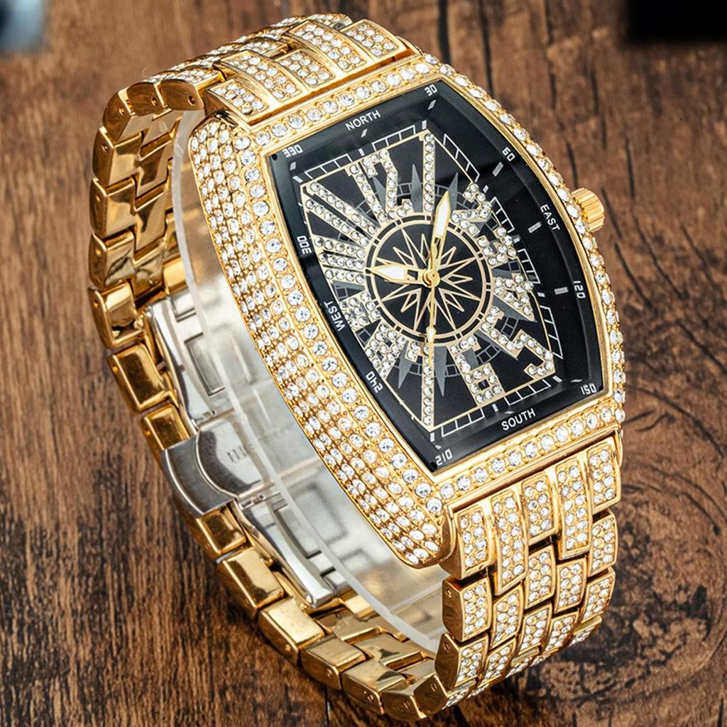 Luxury Mens Watches Fashion Hip Hop Iced Diamond Waterproof Tonneau AAA Quartz Wristwatch Male