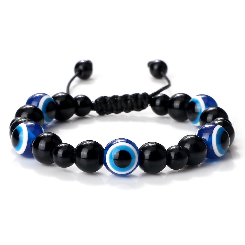 Turkish Evil Eye Beaded Bracelet with 10mm Volcanic Rock, Adjustable String