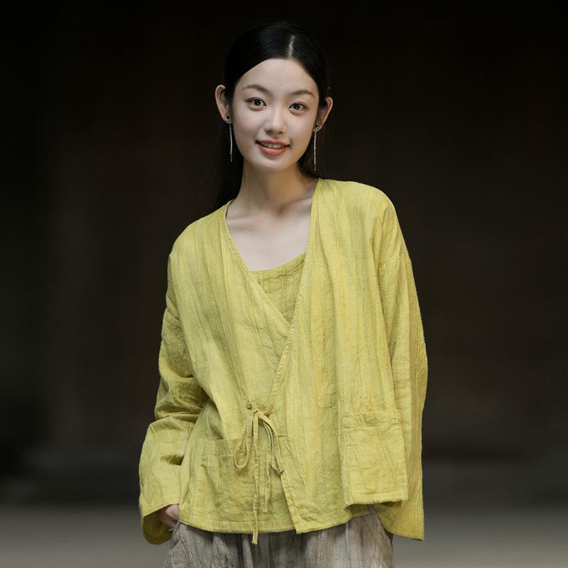 

Johnature Женские рубашки в китайском стиле, топы, осенние, с длинным рукавом, карманами, поясом, женские блузки с принтом тай-дай One Size