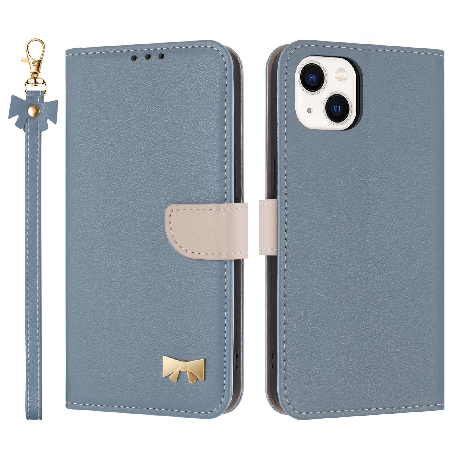 

For iPhone 14/13 Case Bowknot Decor Wallet Leather Phone Cover with Wrist Strap Baby Blue