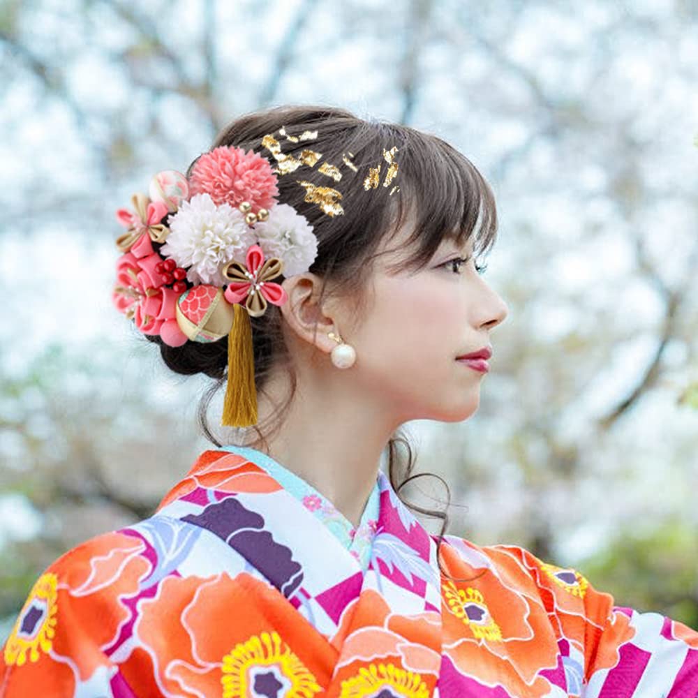 Handmade Hair Ornament Set for Japanese Hair Gold Flower Perfect for Shiromuku Irouchikake and Includes Gold 13-Piece Coming-of-Age Ceremonies,