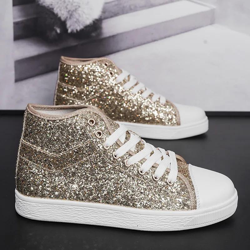 Luxury Red Designer Shoes Women High top Sneakers Lightweight Women's Vulcanized Shoes Fashion Glitter Sneakers Woman