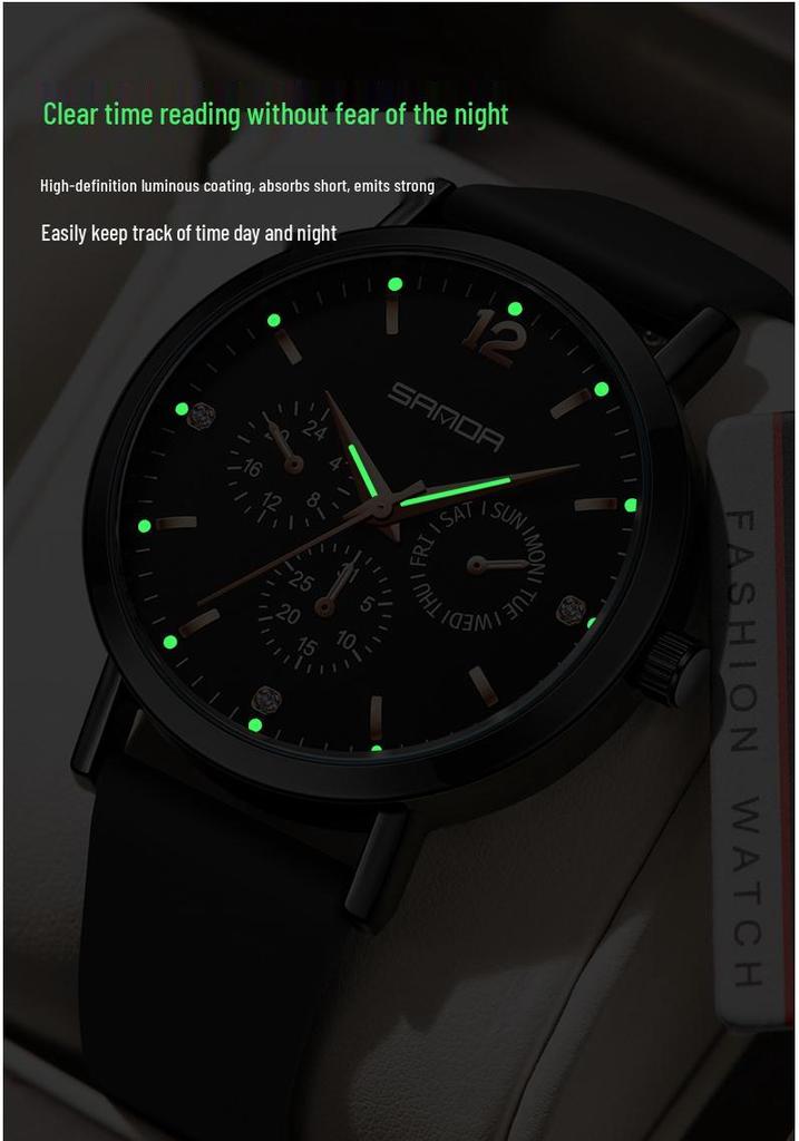 Sanda Waterproof Six-Hand Quartz Wristwatch, Luminous Hands, Unisex for Business and Casual Wear