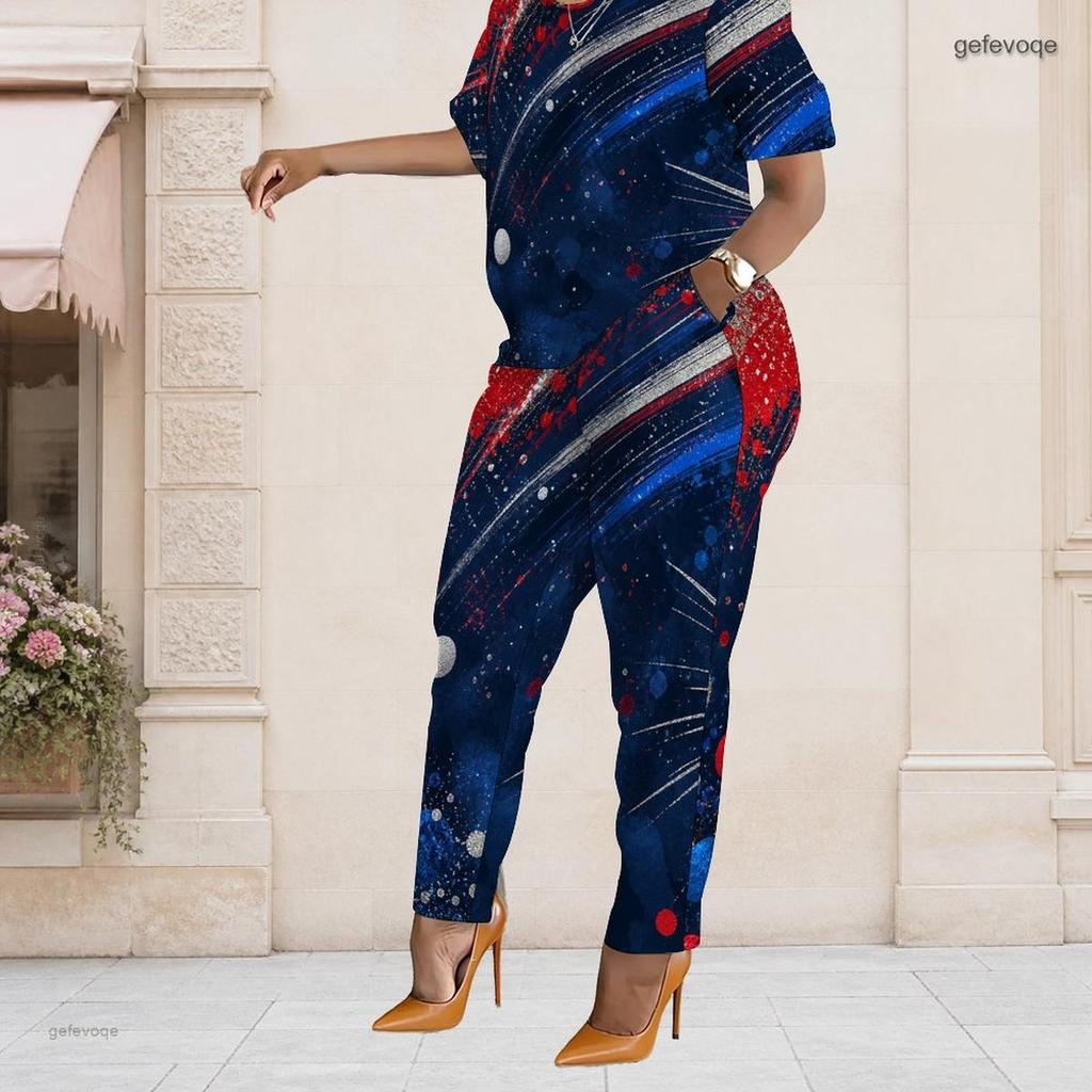 Women Plus Size Two Piece Set Short Sleeve Top Pocket Pants Star Stripe Patriotic Print Outfit