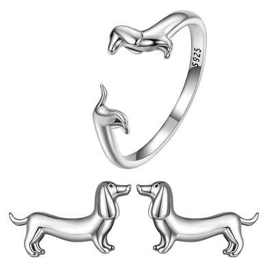 Orecchini a perno Dobermann in Argento S925 Set di Gioielli, Anello Aperto in Argento Semplice con Animale Carino