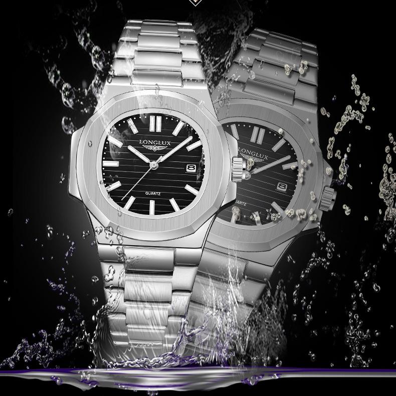 LONGLUX Men's Steel Strap Nautilus Watch Calendar Luminous Business Quartz Watch